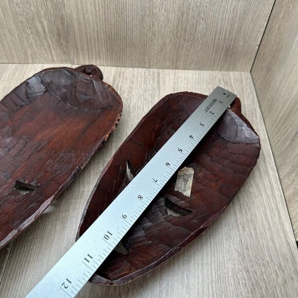 Vintage Wall Hanging Decorative Hand Carved Wood African Tribal Masks Pair Brown - Picture 11 of 13